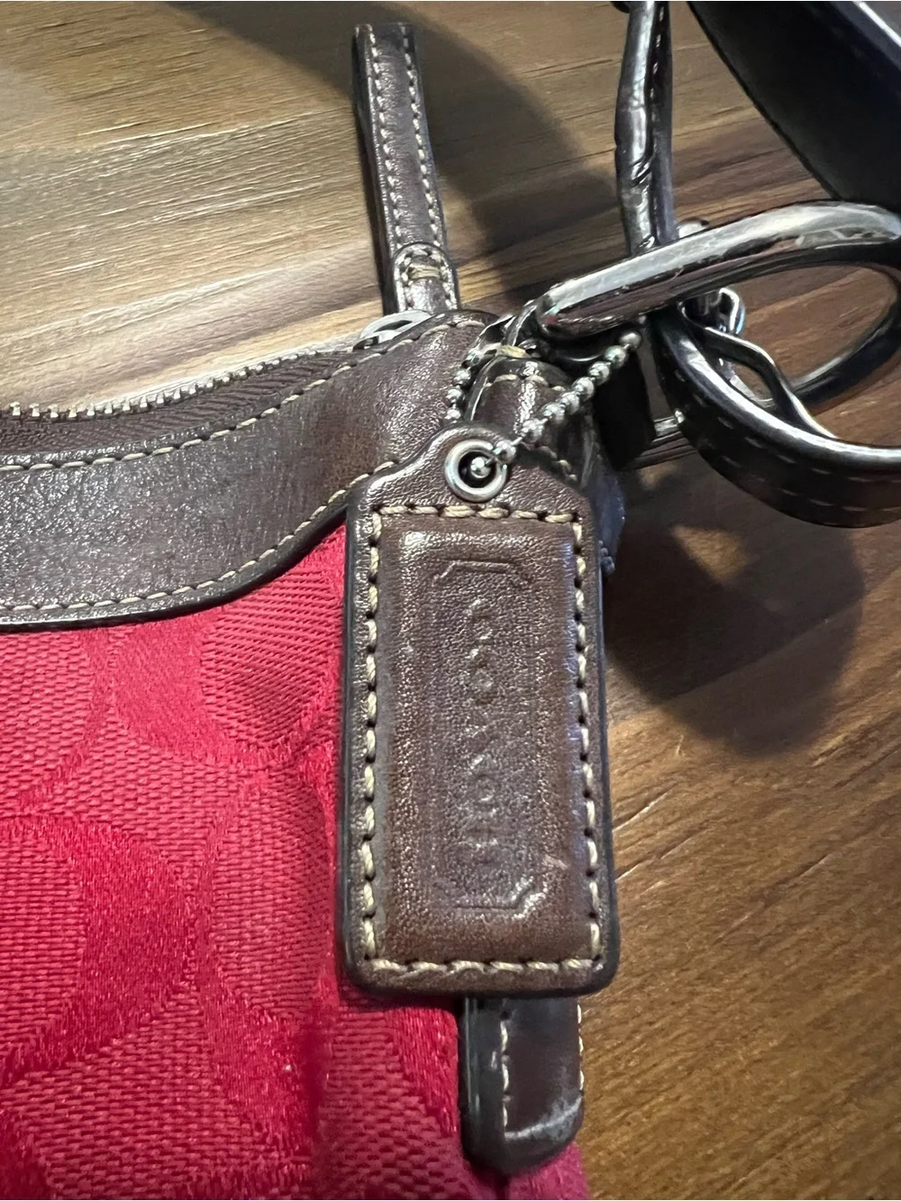 Coach Red Signature Logo Pattern Shoulder Bag with Brown Leather Trim silver
